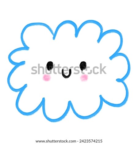 Doodle Cloud with Smiling Face. Cute Nursery Illustration of Hand Drawn Fluffy Cloud. No Background. Crayon Drawing-Like Infantile Style Cloud. Childish Scribbles. Naive Drawing.