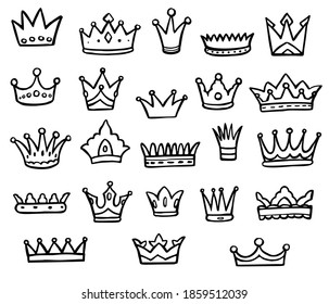 Doodle crown  Black  and  white doodle queen king crown logo graffiti isolated icon set white  royal head accessory  imperial coronation symbol  monarch majestic jewel tiara illustration