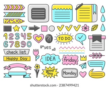Doodle diary elements. Bullet journal cute stickers, calendar labels. Office note papers and planning arrows, clouds, numbers neoteric set