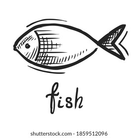 Doodle Fish Logo. Hand Drawn Art Doodle Fish Graphic Logo Design Template On White Background. Sketch Illustration. Monochrome Seafood, Underwater Wildlife Creature Isolated Icon