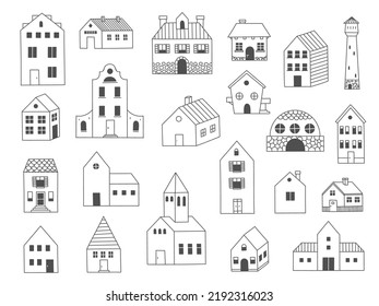 Doodle House. Cute Cabin Wooden Building, Funny Hand Drawn Cottage And Barn Sketch.  Village Rural Household Isolated Set. Illustration Of House Building Doodle