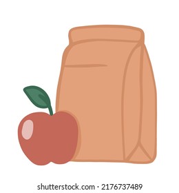 Doodle Icon Paper Brown Bag With Lunch And Red Apple Food With Collection On White Background Flat