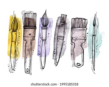 doodle illustration of an artist's brush on a watercolor spot. watercolor blot, paint texture. hand drawing. drawing supplies