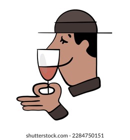 doodle illustration cartoon image of a man in a hat drinking and tasting red wine white background - Powered by Shutterstock