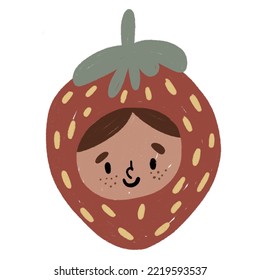 Doodle Illustration Hand Drawn Strawberry Man, Muzzle Cute.