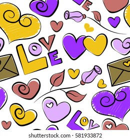 Doodle illustration on white background. Holiday background. Rose, hearts and love seamless pattern in violet and yellow colors.