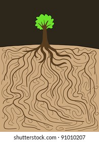 Doodle illustration - tree with gigantic root system. Nature complexity.