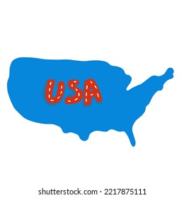 Doodle Illustration Of A USA Map In Blue, And The Inscription USA In Red, White Background