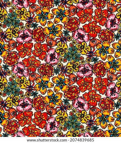 Doodle looking flowers seamless repeat pattern in white background