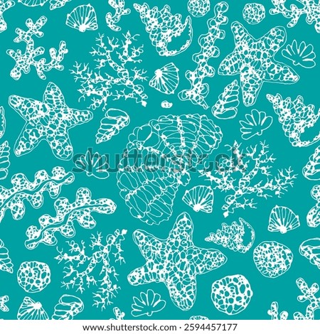 Doodle nautical seamless pattern background in blue colors with corals, mussels, algae. Modern abstract design.