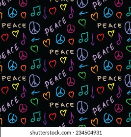 Doodle Pattern Grunge Peace, Love And Music Background