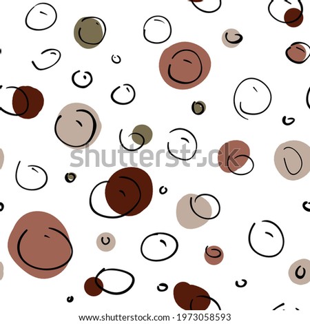 doodle seamless pattern with black lines, curls, curcles, dots and colorful stains on a white background