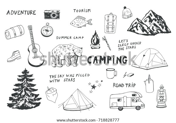 doodle set of\
camping equipment symbols and\
icons