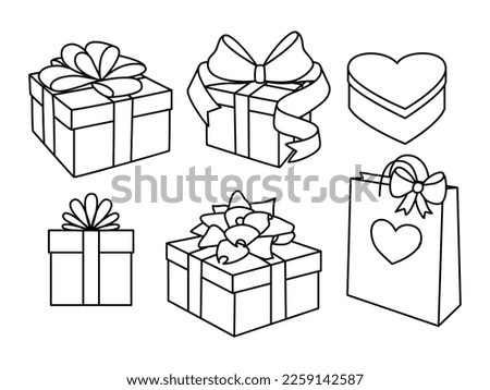 Doodle set of gift boxes with bows, heart shaped box and a gift bag. Hand drawn presents collection. Graphic design elements for advertisement, flyer, poster, web shop sale