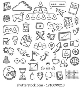 Doodle Social Media. Sketch Social Networks, Communication Friendly Like Network Smartphone, Phone, Computer  Set Web Community. Illustration Media Social Marketing, Web Icons