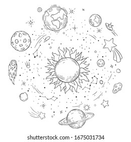 Doodle Solar System. Hand Drawn Sun, Cosmic Comet And Planet Earth  Illustration. Outer Space Outline Coloring Book Drawing. Celestial Bodies Spinning Around Star. Astronomy Concept