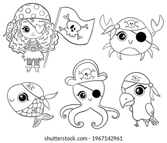 Doodle style pirate girl and pirates animals octopus, crab, parrot, fish set isolated on white background. Pirates coloring page