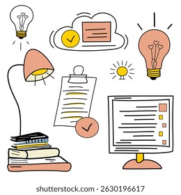Doodle-style illustration set with books, light bulbs, checklists, cloud icons, and computer monitor. Perfect for school, productivity, and digital learning themes.