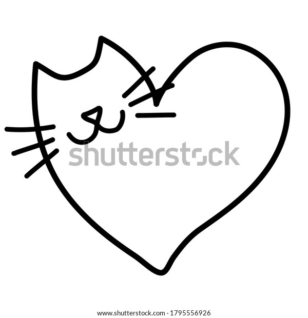 猫の心の形をした落書き かわいい猫のロゴ 手描きの落書きスタイル 白い背景に黒い輪郭 のイラスト素材