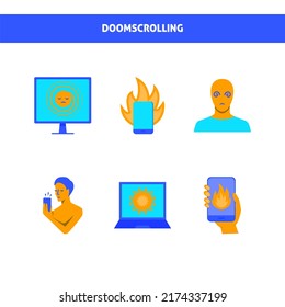 Doom Scrolling Concept Icon Set In Flat Style. Bad News Reading Addiction.