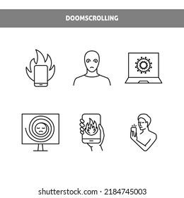 Doomscrolling Icon Set In Line Style. Bad News Reading Symbols. 