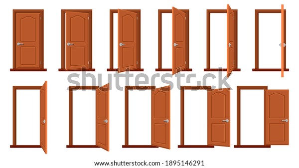 ドアのアニメーション 木のドアを開け閉め スプライトアニメーションハウスの玄関 異なる位置にある木製のドア分離型イラストセット 住宅の正面または部屋の入り口分離コレクション のイラスト素材
