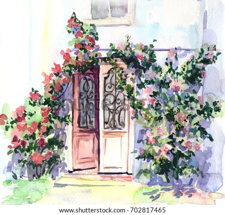 Door and blooming roses,urban yard.Hand drawn watercolor sketch