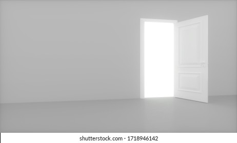 Door In A Bright White Room Opens And Fills The Space With Bright White. 3D Render Opening Door.