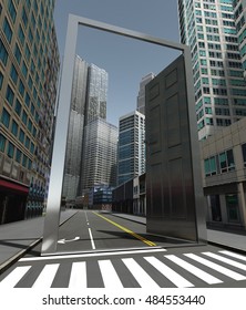 The Door To The City. Steel Doors. 3d Rendering.