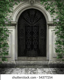 Door To A Gothic Cathedral With Vines