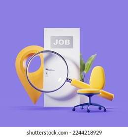 Door with job signboard, large yellow location mark and magnifying glass with office armchair. Concept of job search. 3D rendering - Powered by Shutterstock