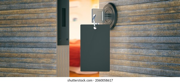 Door Key With Blank Label In The Keyhole. Key Ring, Room Key And Empty Black Tag For Text Or Number. House, Hotel Or Motel Room Open, Unlock. 3d Illustration

