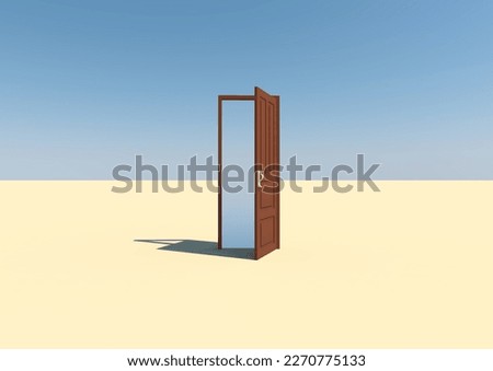 Door in the middle of the desert parallel world 3D illustration