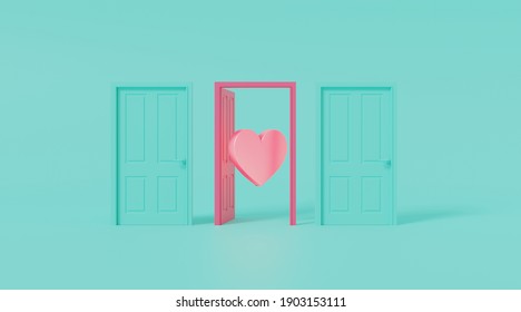 Door Open With Heart Shape. Minimal Concept. 3D Render.
