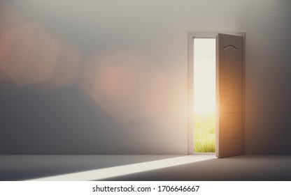 Door Open To New Better World, Positive Optimistic Future. Hope Concept. 3D Illustration