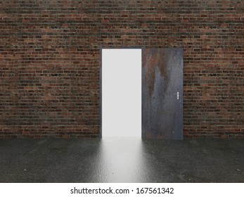 Door Open On Brick Wall, 3d 