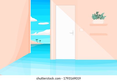 Door To The Sea Illustration Island And House. Vacancy Holiday Concept