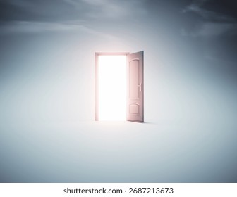 A door stands open in an empty space, shining bright light. The atmosphere feels surreal, inviting exploration and sparking imagination about what lies beyond. This is a 3d render illustration