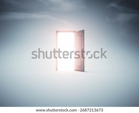 A door stands open in an empty space, shining bright light. The atmosphere feels surreal, inviting exploration and sparking imagination about what lies beyond. This is a 3d render illustration