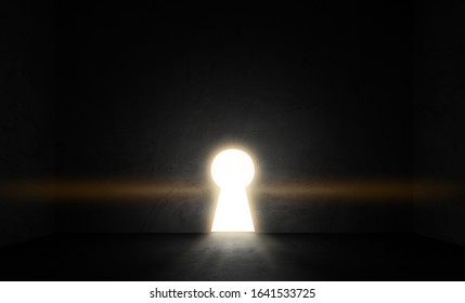 Door Of Success.Key Hole On Black Wall With Light And Shiny Glow Effect, Template For Business Concept.3D Render.