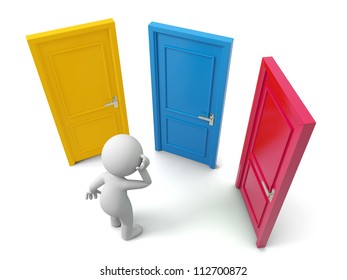 Door/Choose/A Person Thinking In Front Of Three Doors