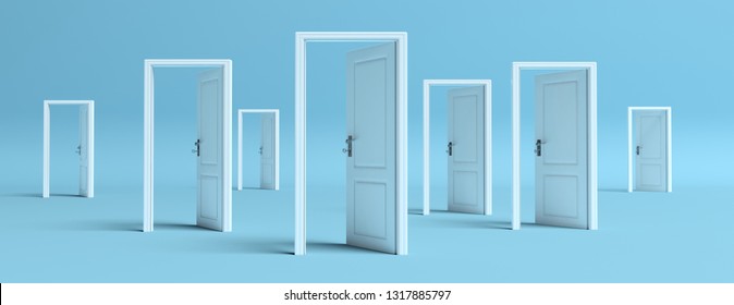 Doors opened. Lot of white doors opened on blue pastel background, banner. Business open opportunities and alternatives concept, 3d illustration