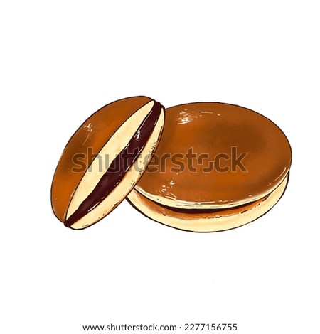 Dorayaki (どら焼き) is best described as a dessert with red bean filling between two slices of sweet fluffy pancakes. If you are familiar with Japanese cartoons ストックフォト © 