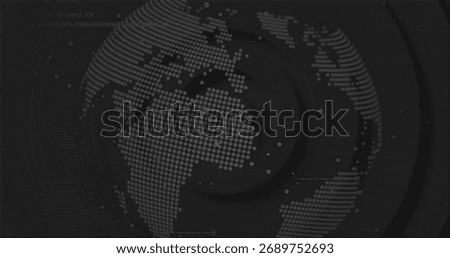 Dot matrix globe pulsating in digital display, with concentric ripples and scattered light dots. Abstract, technology, futuristic, data visualization, digital interface, graphics, connectivity