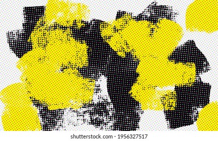 Dot Print Newspaper Style Artwork By Yellow And Black Strokes On White. Expressive Digital Art By Paint Roller. Great As Wall Art, Banner, Certificate Backdrop Or Creative Texture, Poster Or Print.