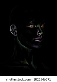 Dot Rendering series. 3D rendering of a human model's head executed with stippling image technique.