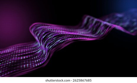 Dots big data on wavy way flow quantum computing. Technology transmission information in waves color  grid cyberspace. Futuristic digital data stream in dark. 
