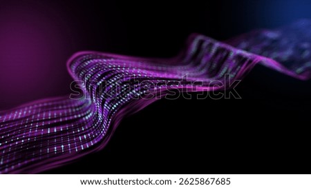 Dots big data on wavy way flow quantum computing. Technology transmission information in waves color  grid cyberspace. Futuristic digital data stream in dark. 
