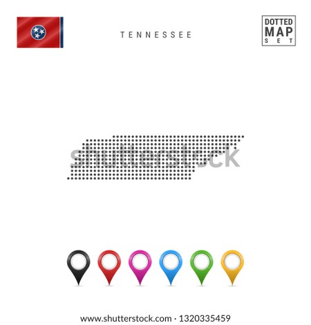 Dots Pattern Map of Tennessee. Stylized Simple Silhouette of Tennessee. The Flag of the State of Tennessee. Set of Multicolored Map Markers. Illustration Isolated on White Background.