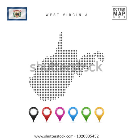 Dots Pattern Map of West Virginia. Stylized Simple Silhouette of West Virginia. The Flag of the State of West Virginia. Multicolored Map Markers Set. Illustration Isolated on White Background.